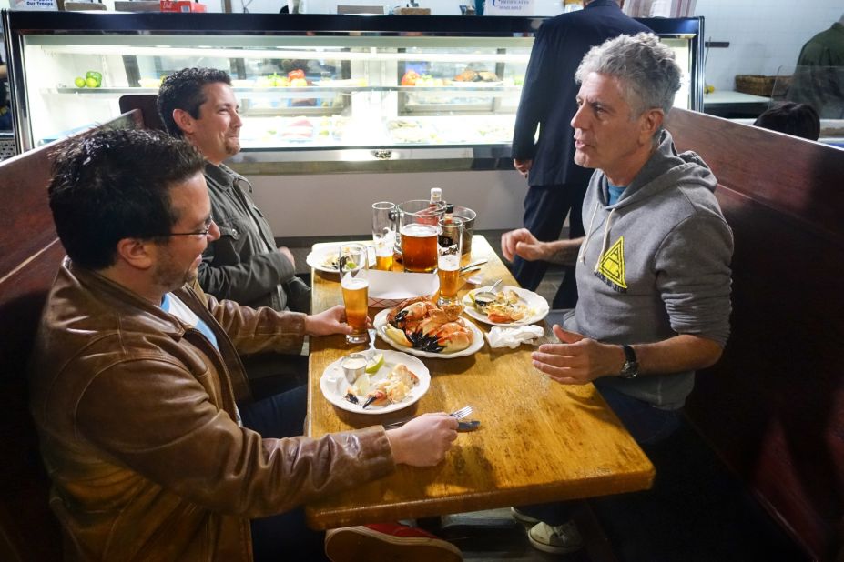 Bourdain later sits down at at Captain Jim's Seafood Market with Billy Corben and Alfred Spellman, the creators of "Cocaine Cowboys," to understand the once underground economic engine of Miami. During the discussion, they feast on stone crab claws, a South Florida specialty.<br />
