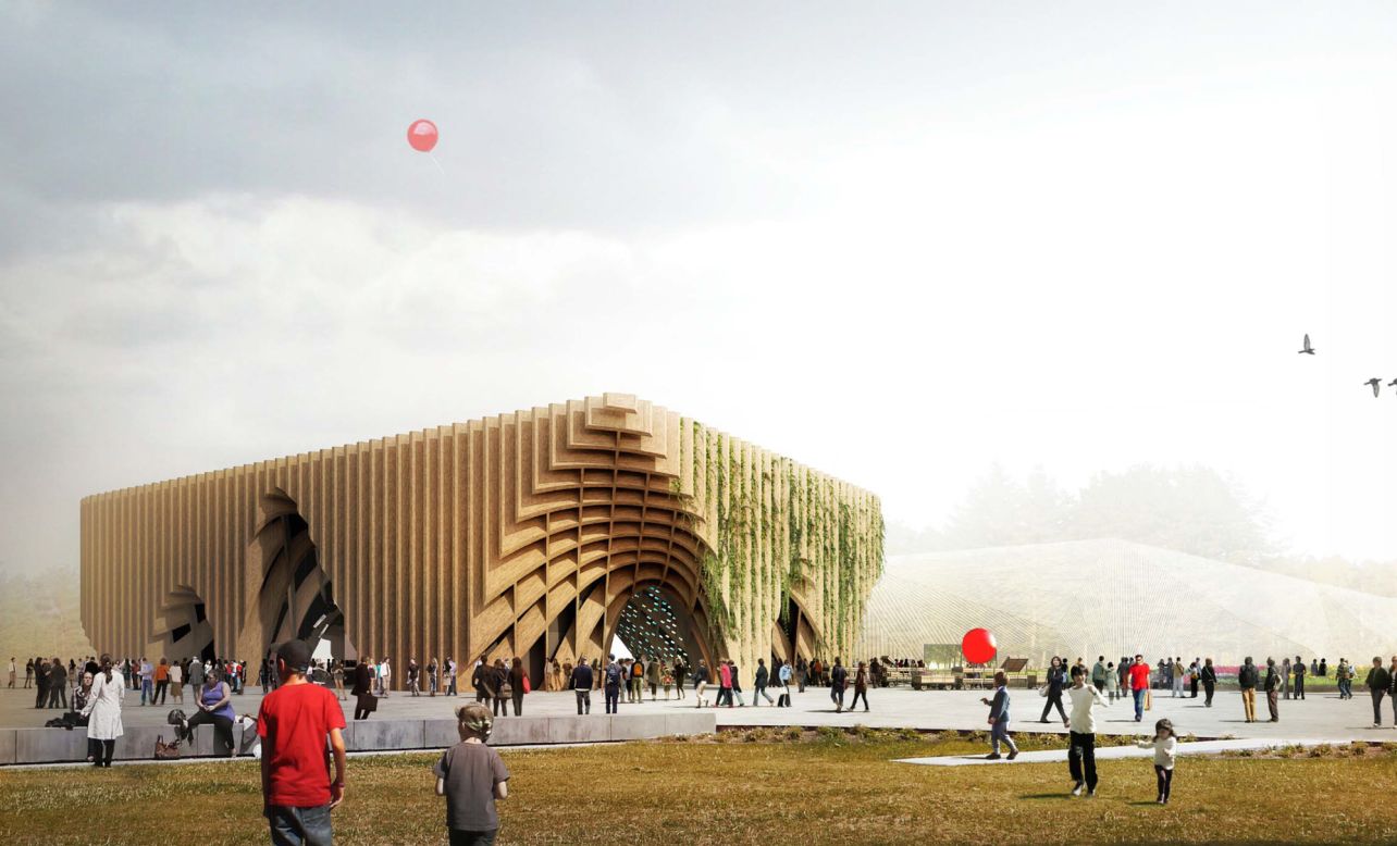 Laminated wood dominates <a href="http://www.expo2015.org/en/participants/countries/france" target="_blank" target="_blank">France's</a> pavilion, which showcases the different ways in which food can be produced and distributed. It's meant to look like a covered market, a mainstay of French food culture.
