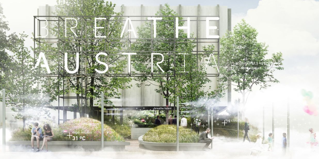 A small scale forest  that provides 6.25 Kg of fresh oxygen every hour: <a href="http://www.expo2015.org/en/participants/countries/austria" target="_blank" target="_blank">Austria's</a> pavilion explores air, an essential component of human life and food production, and an indicator of biological balance.
