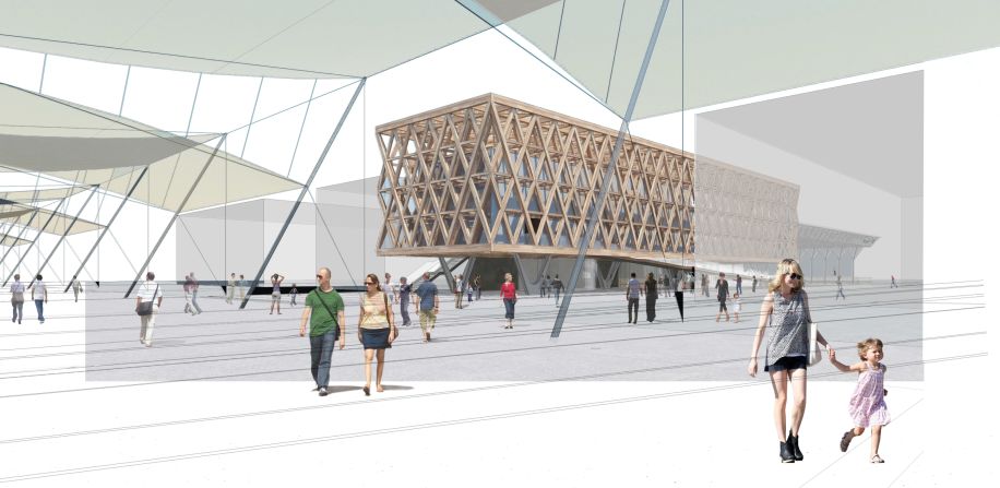 A large wooden roof supported by pillars of concrete creates a clean horizon, typical of the country's architecture, in Chile's pavilion. The amazing variety of ecosystems that the country possesses is the central theme of the exhibition space.