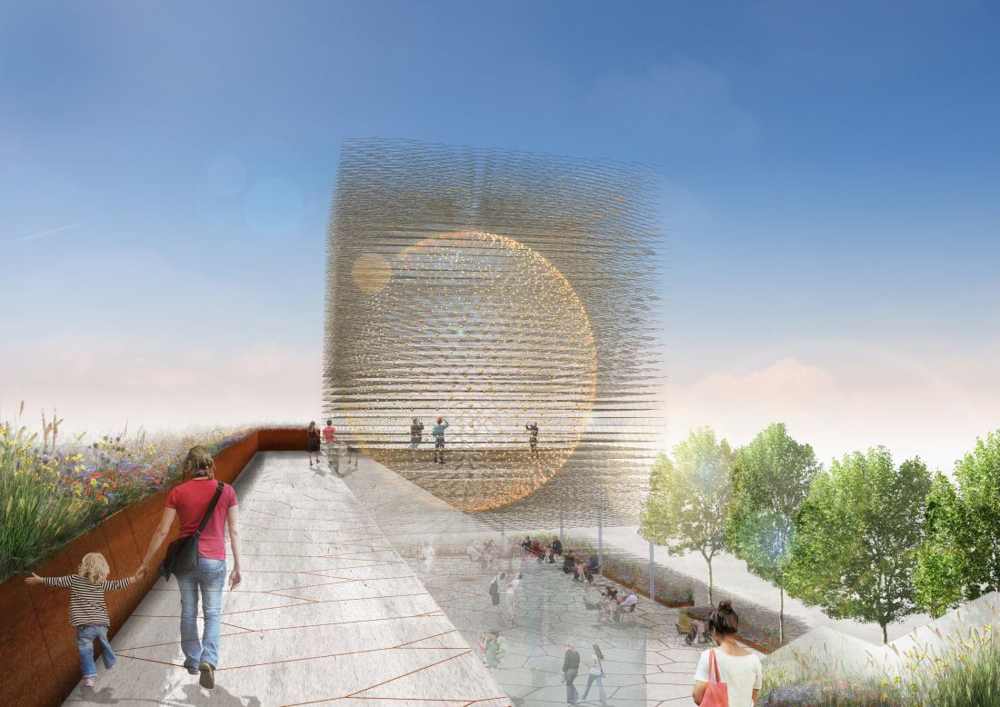 A golden orb made entirely of steel and structured like honeycomb: a giant beehive, in other words, is at the center of the <a href="http://www.expo2015.org/en/participants/countries/united-kingdom" target="_blank" target="_blank">United Kingdom's</a> pavilion design, and will pulsate and buzz like a real bee colony.