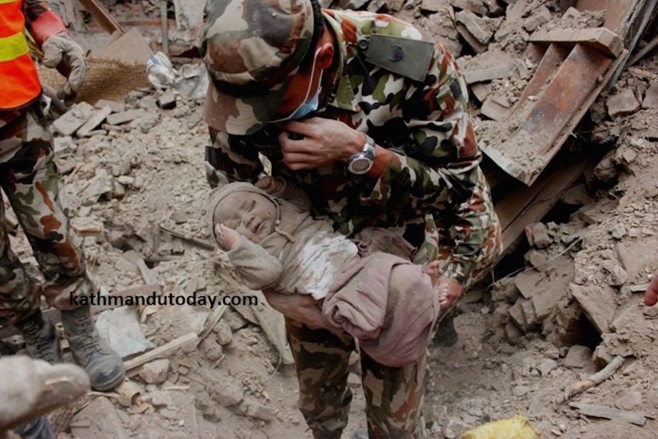 The newspaper adds the Nepalese Army had initially failed to rescue the baby and left the site thinking the baby had not survived. Hours later when the baby's cries were heard the army came back and rescued him.
