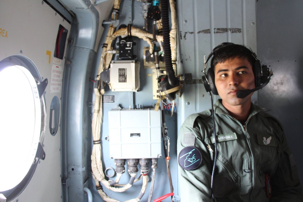 An airman from the Indian Air Force aboard the Mi-17 on its relief and medical evacuation mission.