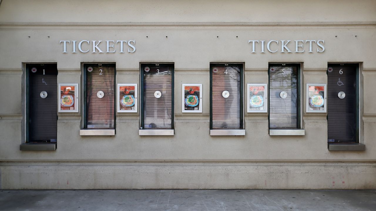 Ticket windows are closed before the game at Camden Yards. For the first time in Major League Baseball, fans were shut out of a game.