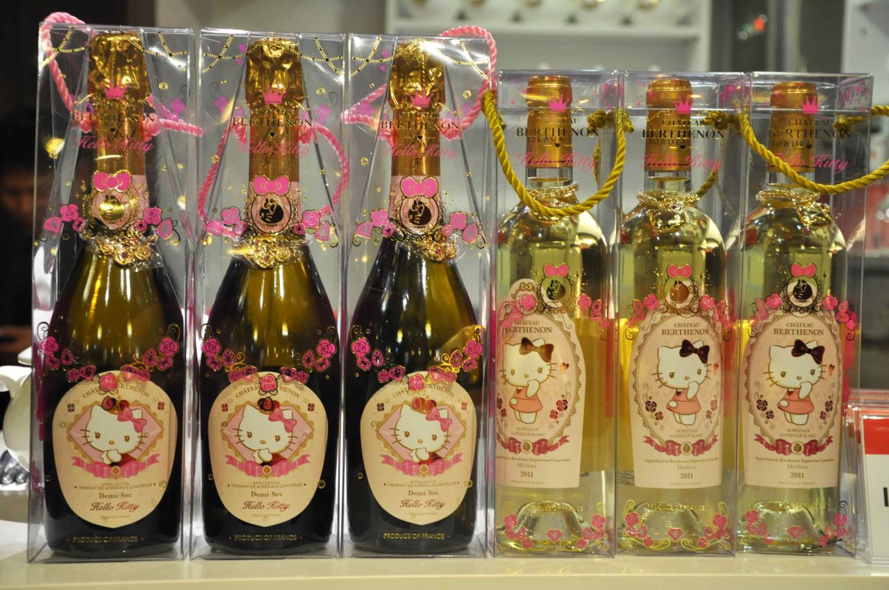There are specialty Hello Kitty products customers can purchase to take home, including wine, wine glasses and tea leaves, pressed into the shape of Hello Kitty's head.