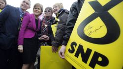 First Minister of Scotland and leader of the SNP Nicola Sturgeon (2L) poses with supporters during a UK general election campaign visit to the Cook School in Kilmarnock, Ayrshire, southwest Scotland on April 27, 2015. Britain goes to the polls on May 7 to elect a new parliamnt. SNP leader Nicola Sturgeon, whose party is expected to win most of Scotland's House of Commons seats amid surging support after last year's rejected independence referendum, wants to do a post-election deal with Labour. AFP PHOTO / ANDY BUCHANANAndy Buchanan/AFP/Getty Images