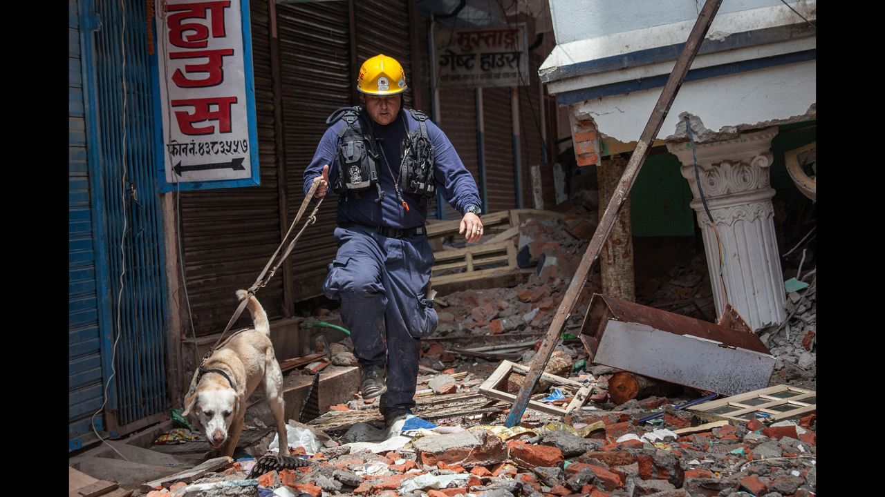 A member of the Los Angeles County Fire Department guides his sniffing dog through a collapsed building in Kathmandu on Thursday, April 30.