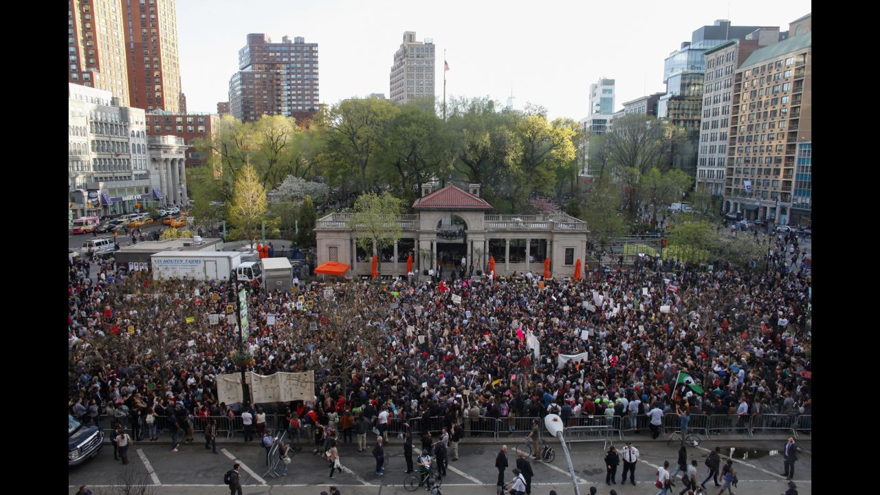 Protesters fill Union Square in New York on Wednesday, April 29, during a rally. 