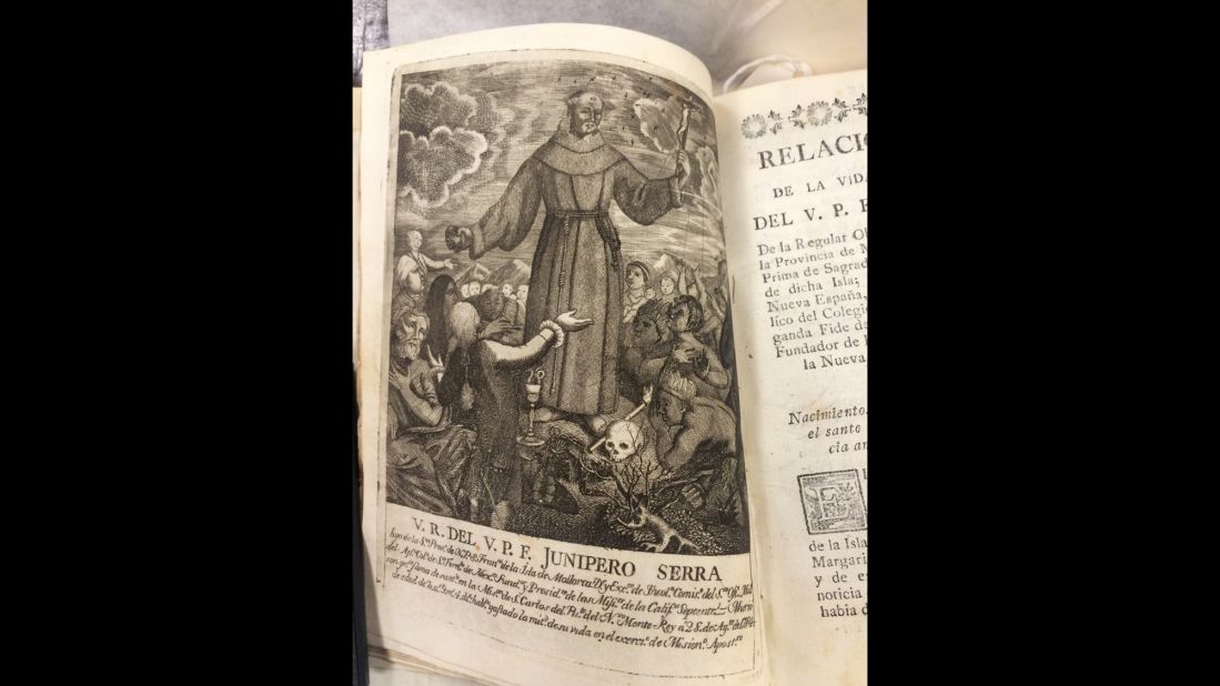 Here's another image of Junipero Serra from a first-edition book about the Spanish Franciscan friar entitled, "Relacion Historica de la Vida y Apostolica Tareas del Venerable Padre Fray Junipero Serra," by Father Francisco Palou. His book was first published in Mexico in 1787.