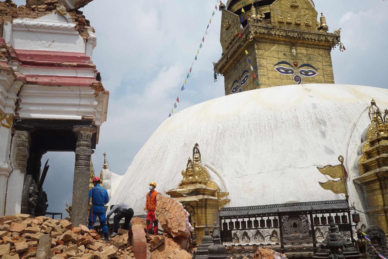 According to local lore, the dome at the base of the stupa represents the entire world. The eyes painted on the stupa represent wisdom and compassion.