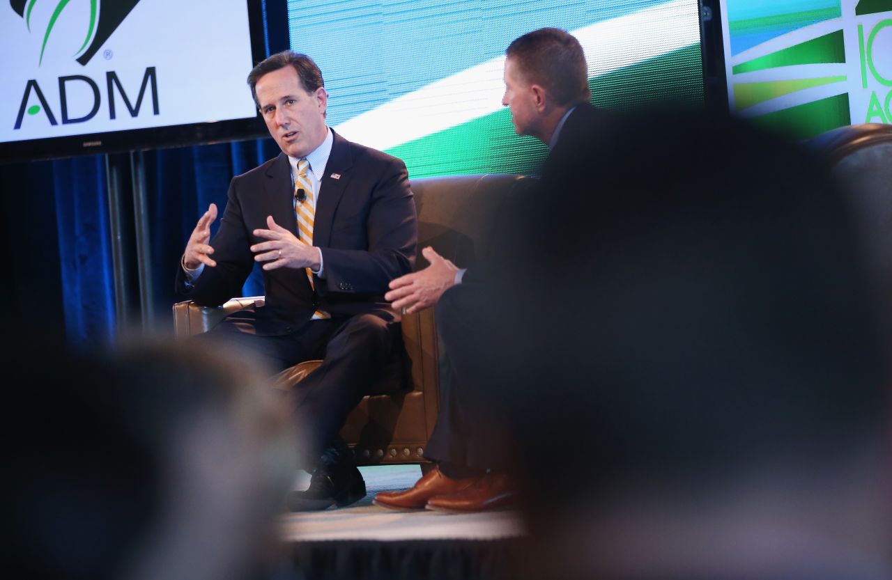 Santorum fields questions at the Iowa Ag Summit on March 7 in Des Moines, Iowa.