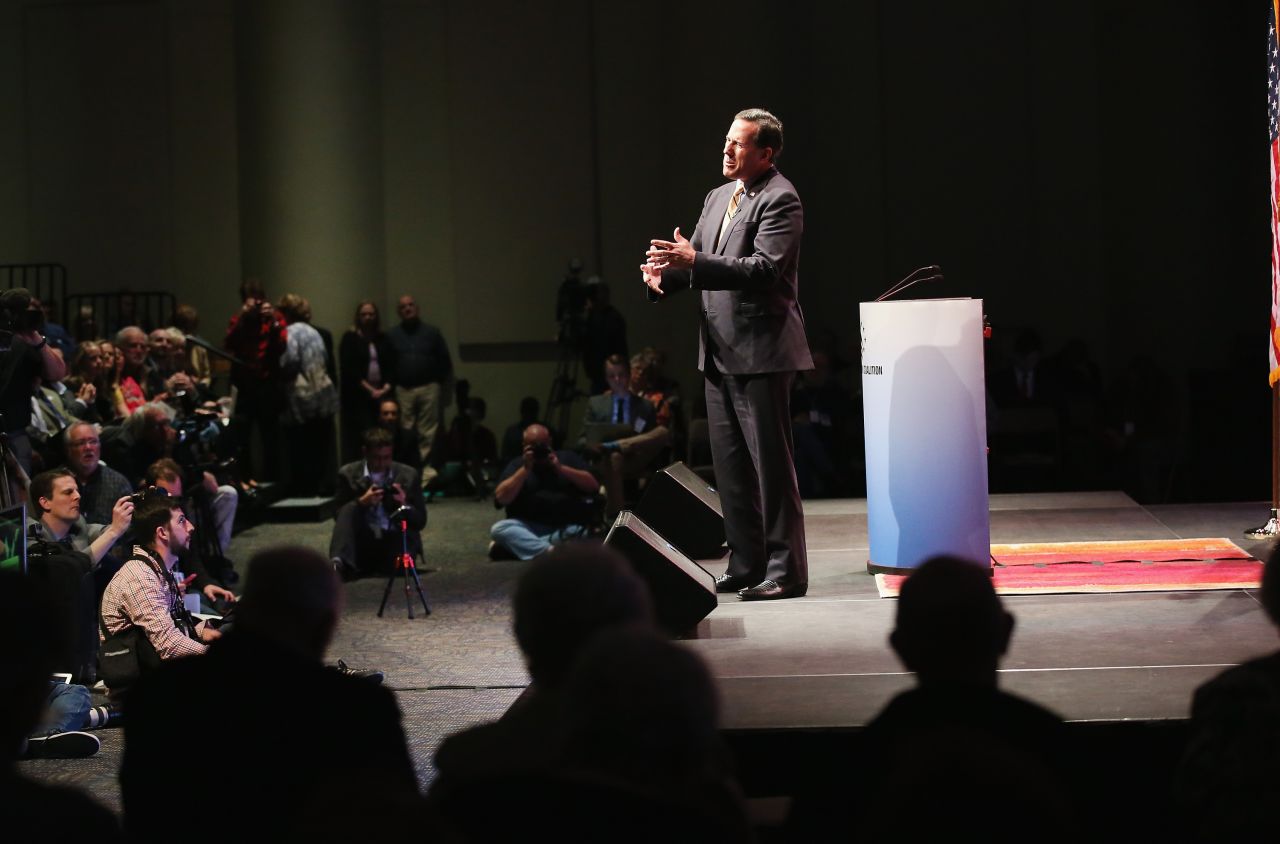 Santorum speaks at the Point of Grace Church for the Iowa Faith and Freedom Coalition 2015 Spring Kickoff on April 25 in Waukee, Iowa.