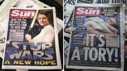 A combination of pictures created on April 30, 2015 shows a Scottish edition of Britain's Sun newspaper, featuring a montage of Scottish First Minister and Leader of the Scottish National Party (SNP) Nicola Sturgeon (L) and endorsing the SNP for the general election taken in Edinburgh, Scotland, on April 30, 2015 and an edition of the Sun newspaper in London featuring a montage of British Prime Minister and leader of the Conservative Party David Cameron (R) with messages backing the Conservative Party for the general election and against the SNP. The Sun newspaper on Thursday urged readers to vote for the Conservative party of British Prime Minister David Cameron in next week's election but its Scottish edition backed rival nationalists. AFP PHOTO / ANDY BUCHANAN / DANIEL SORABJIAndy Buchanan, DANIEL SORABJI/AFP/Getty Images