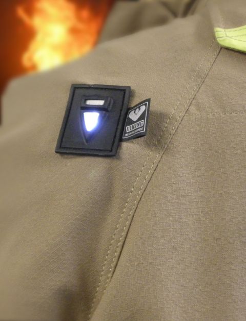 Wearable technology has also been developed for use by firefighters to prevent heat them overheating. Three signals are collected to monitor the temperature outside of a fire suit and heat levels close to the skin, with alarms signaling when to leave. Pictured, the shoulder sensor placed on a firefighter suit, designed in consultation with Ohmatex.