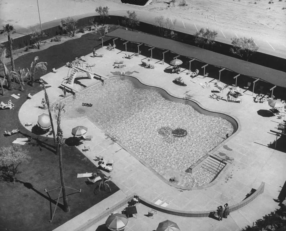 This undated aerial view shows the Riviera's swimming pool. The landmark was the first high-rise hotel on the Las Vegas Strip when it opened in April 1955.