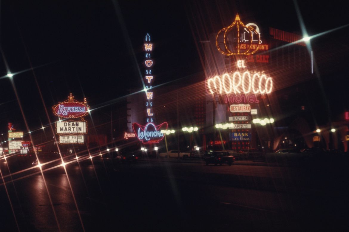 A sign advertises Rat Pack singer Dean Martin's show at the Riviera in December 1969, the same year that Martin bought a share in the property.