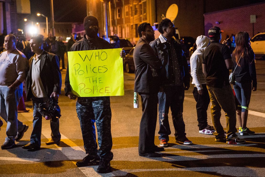 Residents protesting the death of Freddie Gray on the streets of west Baltimore in 2015.