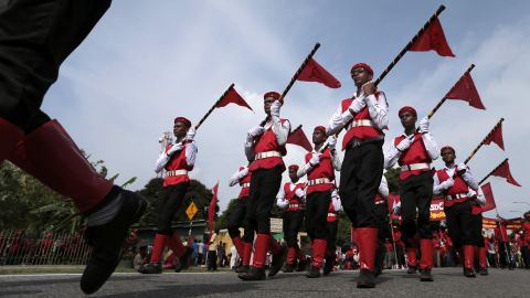 Members of the Sri Lankan Marxist political party People's Liberation Front march during a rally in Colombo, Sri Lanka.