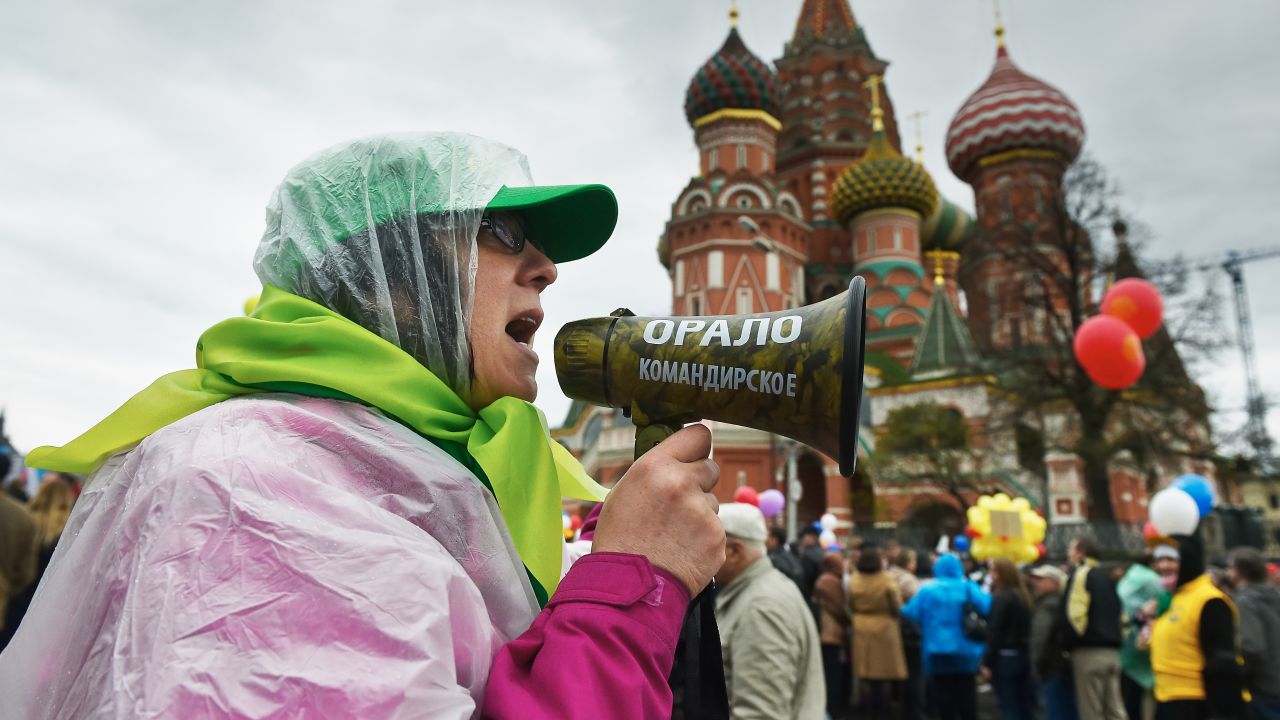 Members of Russian trade unions rally at Red Square in Moscow.