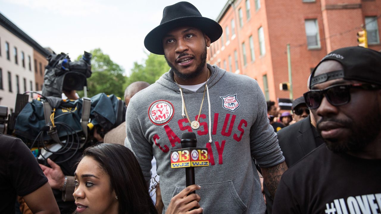 NBA star Carmelo Anthony of the New York Knicks marches with protesters from Baltimore's Sandtown neighborhood to City Hall on April 30.