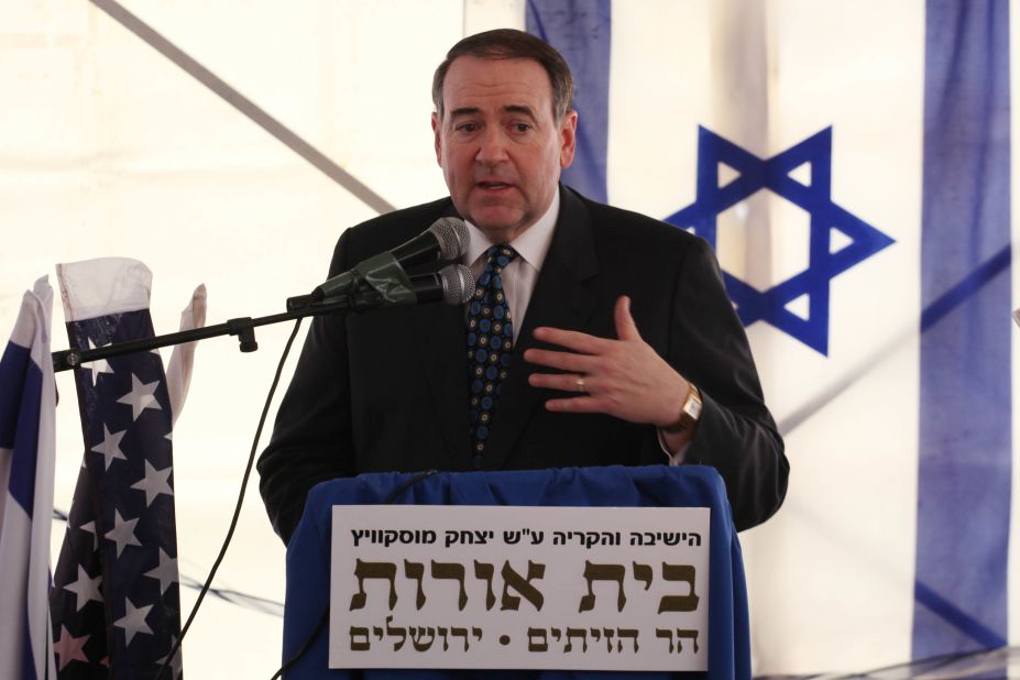 Huckabee attends a corner stone dedication ceremony for a new Jewish settlement in East Jerusalem on January 31, 2011. 