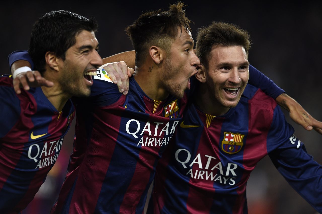 Barcelona's front three of Luis Suarez, Neymar and Lionel Messi have scored 108 goals between them so far this season.