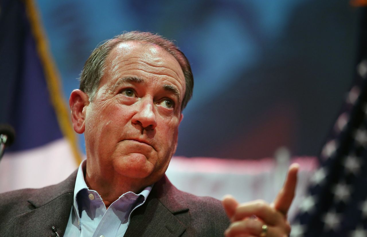 Former Arkansas Gov. Mike Huckabee speaks at the Point of Grace Church for the Iowa Faith & Freedom Coalition 2015 Spring Kick Off on April 25, 2015, in Waukee.  The Republican is expected to announce May 5 he is running for president.