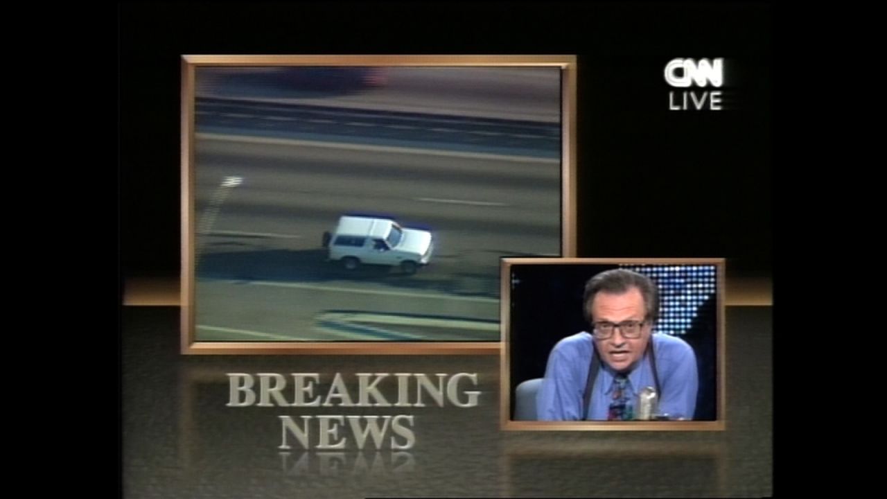 In one of the most memorable broadcasts of all time, Larry King anchors during O.J. Simpson's 1994 slow-speed chase.