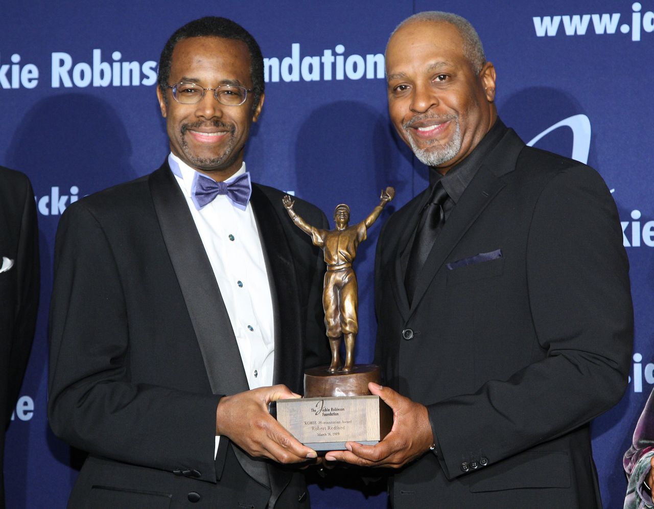 Honoree and director of pediatric neurosurgery at Johns Hopkins University, Carson poses with actor James Pickens Jr. at the Jackie Robinson Foundation Annual Awards Dinner on March 16, 2009, in New York City. 