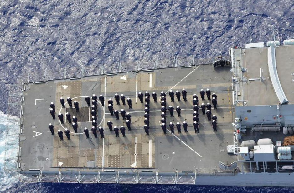 MAY 2 - ATLANTIC OCEAN: HMS Lancaster, known as the 'Queen's Frigate', sends a message of congratulations to the Duke and Duchess of Cambridge on the birth of their daughter. 