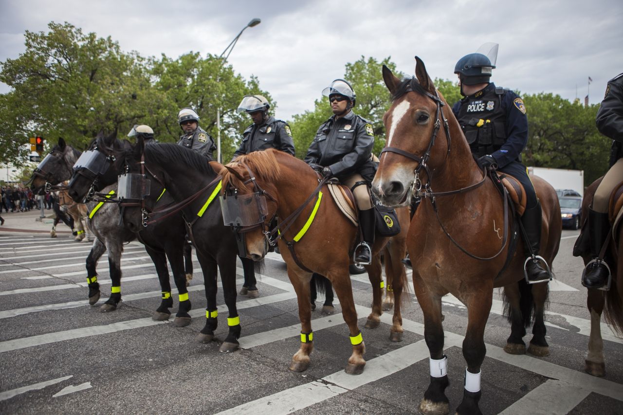 Police on horseback block a Baltimore street on May 1.