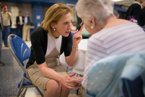 Fiorina greets guests at the Johnson County Republicans Spaghetti Dinner at Clear Creek Amana High School on April 24, 2015, in Tiffin, Iowa. 