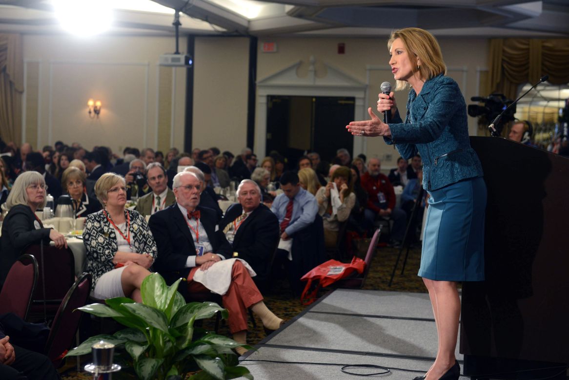 Fiorina speaks at the First in the Nation Republican Leadership Summit April 18, 2015, in Nashua, New Hampshire.