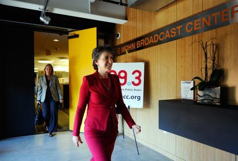 Fiorina arrives for a news conference after participating in a debate with U.S. Sen. Barbara Boxer, D-California, in a radio debate hosted by La Opinion and public radio station KPCC on September 29, 2010, at the KPCC studios in Pasadena, California. 