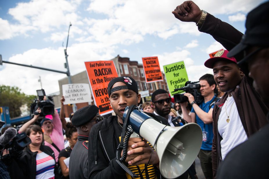 Protesters march from the Gilmor Homes housing community, where Freddie Gray was arrested, to City Hall on Saturday, May 2, in Baltimore. 