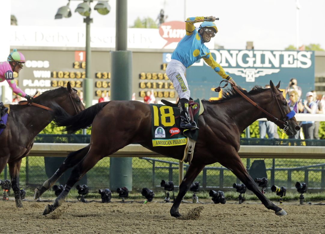 Favorite American Pharoah claims victory in the 141st running of the Kentucky Derby at Churchill Downs on Saturday, May 2.