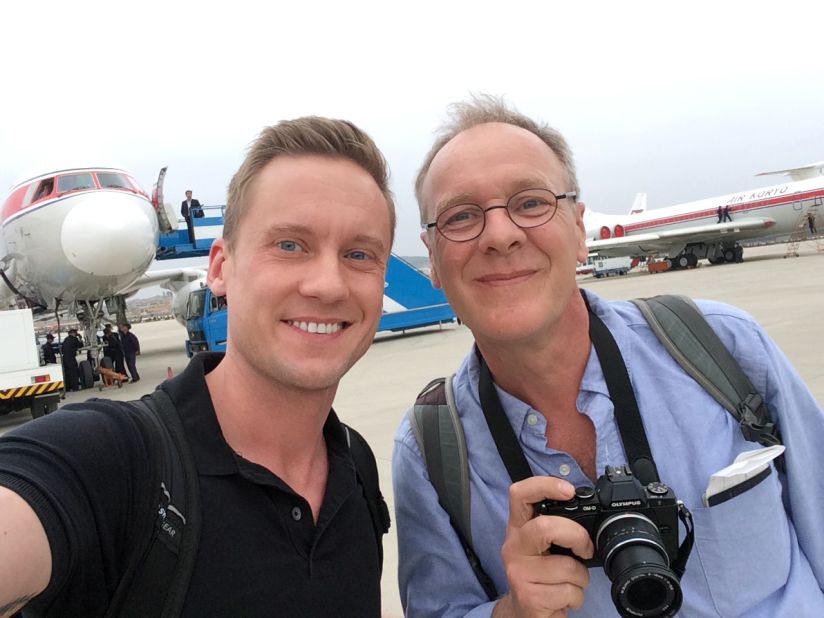 CNN correspondent Will Ripley and photojournalist Brad Olson take a selfie shortly after landing in Pyongyang on May 2.