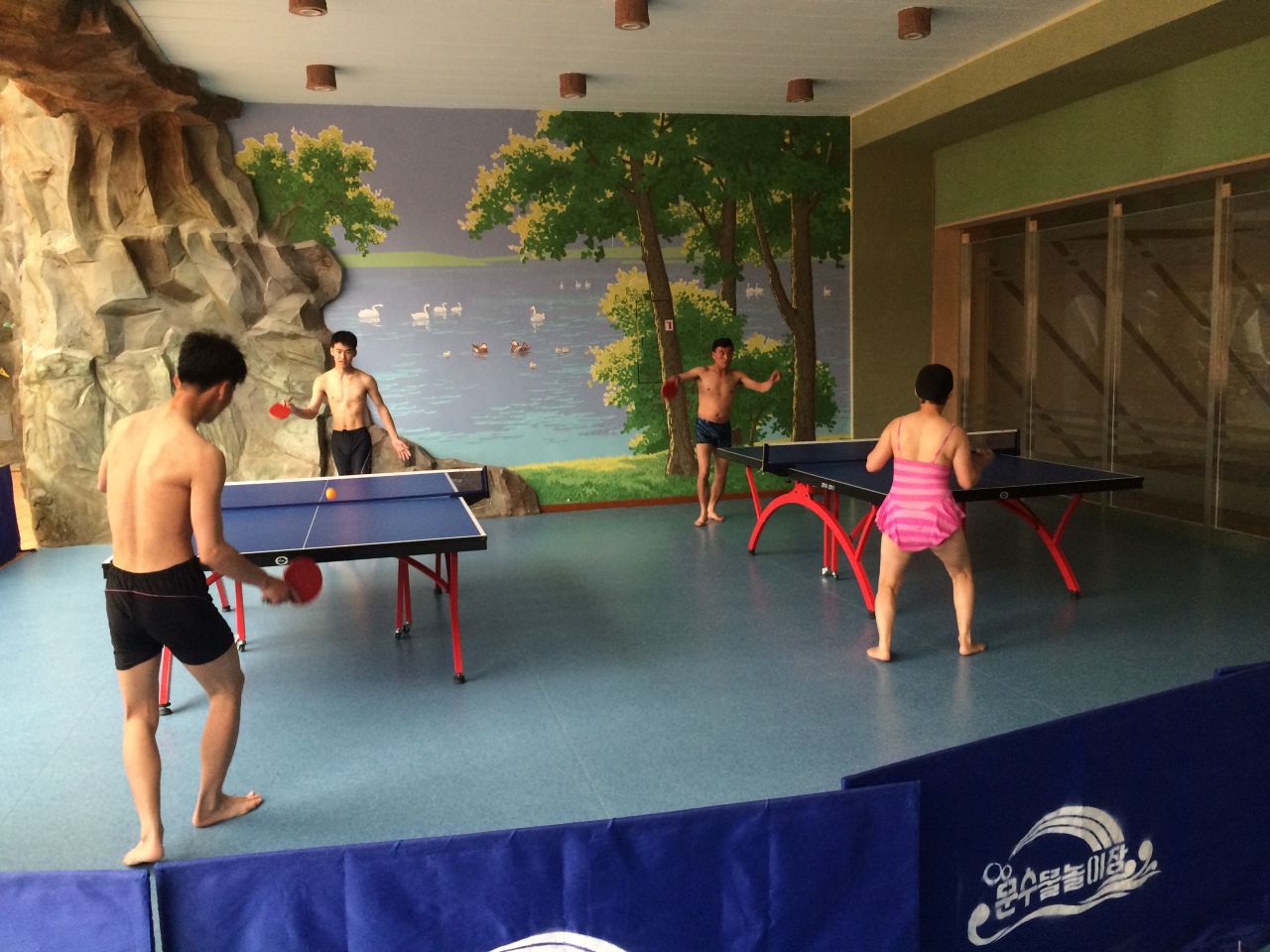 Visitors to a Pyongyang water park play table tennis.   
