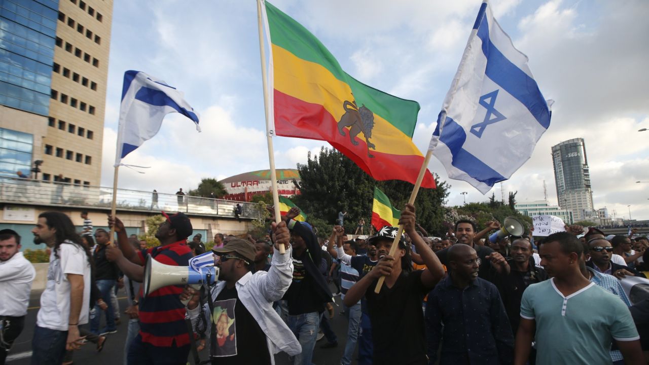 Ethiopian protestors fill a street in Tel Aviv during a recent demonstration.