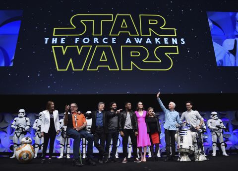 "The Force Awakens" cast, along with droids, executive producer Kathleen Kennedy and director J.J. Abrams, appeared at the Star Wars Celebration fan convention in April.