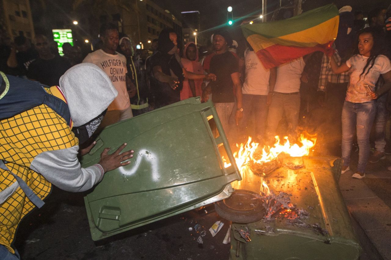 Israelis from the Ethiopian community burn garbage during the protest.