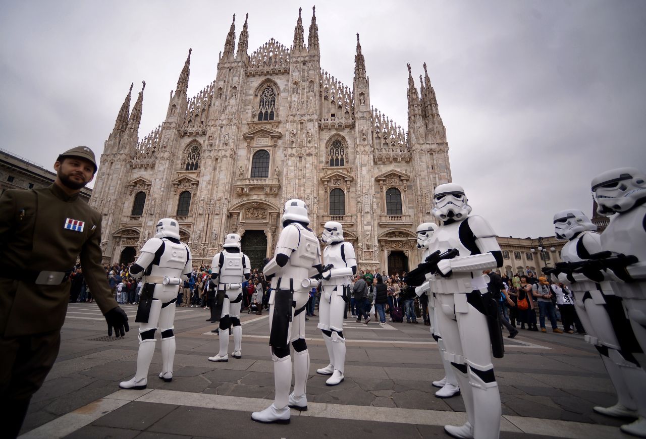 "Star Wars" fans dressed as stormtroopers stand in front of Milan's Duomo on May 3. 