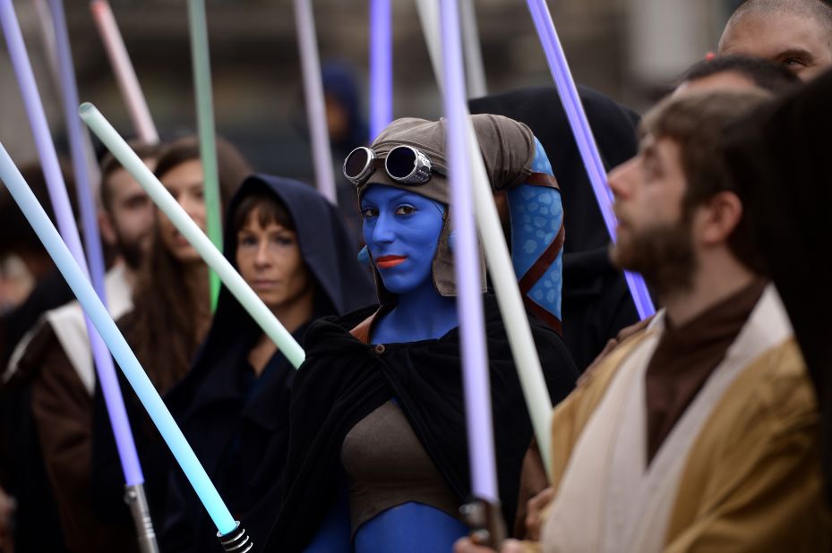 A cosplayer dressed as "Star Wars" character Aayla Secura attends a "Star Wars Day" event in Milan, Italy, on May 3