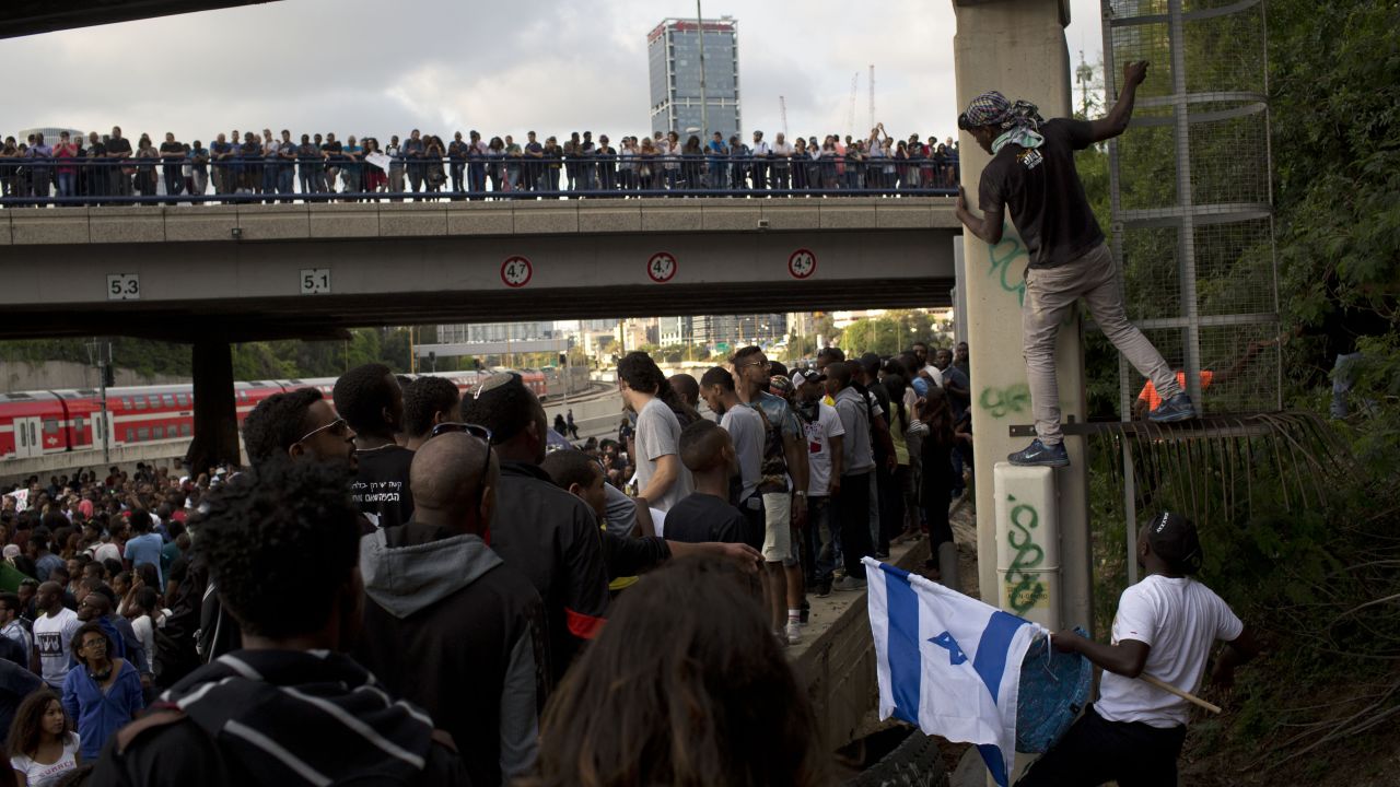 Protesters in Tel Aviv block a highway on May 3. Several thousand people, mostly from Israel's Jewish Ethiopian minority, were protesting against racism and police brutality.