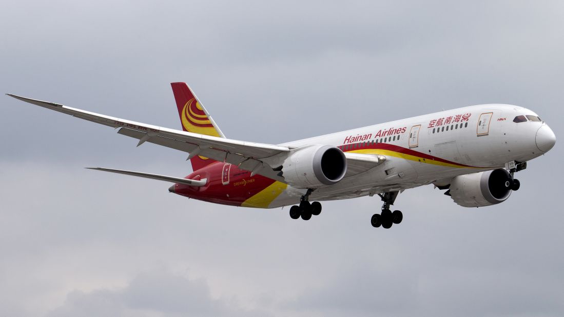 A Boeing 787-8 Dreamliner jet belonging to China's Hainan Airlines is shown landing at Toronto Pearson International Airport in Ontario on October 17, 2014.