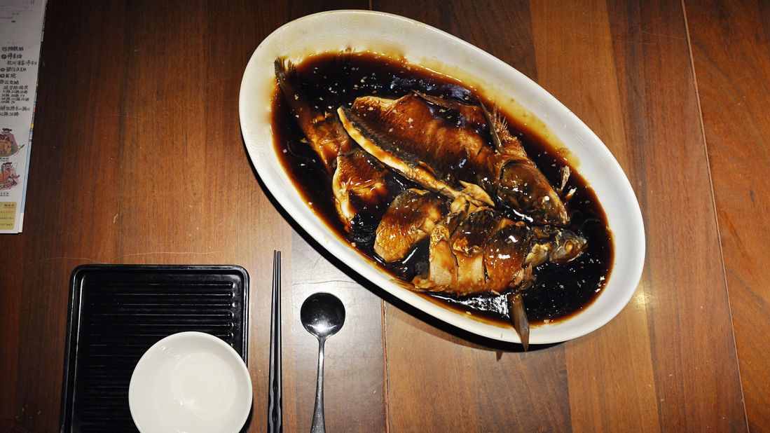 It may not be the most photogenic dish but it's one of the stars of Hangbang cai cuisine. This Hangzhou dish uses poached grass carp blanketed with a thick, sweet vinegar sauce. Some may flinch at ordering this dish -- to achieve a desirable taste and texture (often said to be similar to crab), the grass carp has to be starved for a few days to expel unwanted waste from its body before being cooked. Lou Wai Lou has a grass carp trap in the lake next to the restaurant for this purpose.