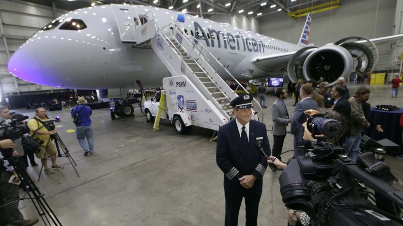 American Airlines becomes the second U.S. airline to fly the Boeing 787 Dreamliner on May 7. Captain Mike Riley is shown giving an interview near American's first Dreamliner at the airline's maintenance hangar at Dallas/Fort Worth International Airport on April 29.