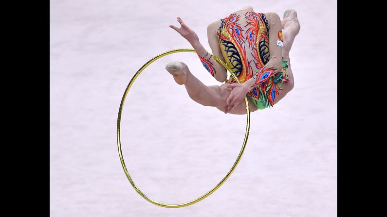 Russia's Aleksandra Soldatova performs during the individual final program at the 31st Rhythmic Gymnastics European Championships in Minsk, Belarus, on Sunday, May 3.