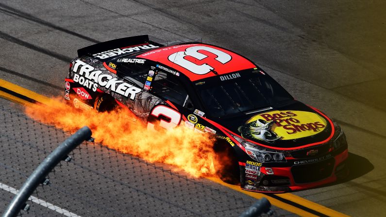 The car of Austin Dillon, driver of car No. 3, catches fire at Alabama's Talladega Superspeedway on Sunday, May 3.