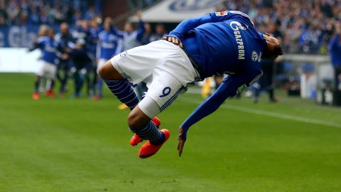 Kevin-Prince Boateng of Schalke celebrates the winning goal during a match with VfB Stuttgart on Saturday, May 2, in Gelsenkirchen, Germany.